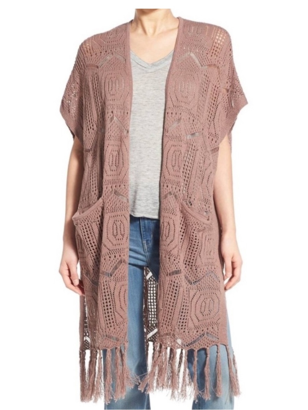 Hinge Open Knit Crochet Fringe Long Cardigan Sz M/L